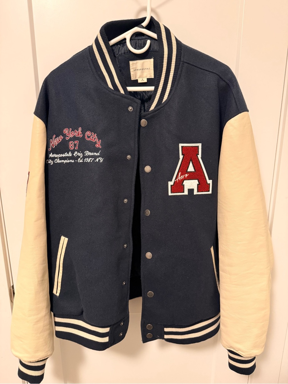 Aeropostale Navy and Cream Varsity Jacket with Red Letter Patch